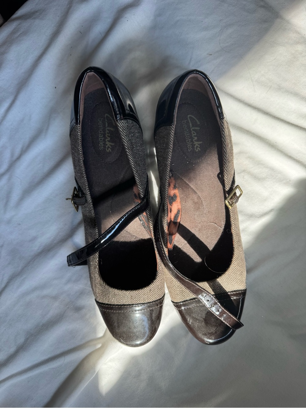 Clarks Brown Mary Jane Flats with Patent Trim